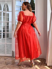 Simplee Vestido de manga farol pecho con fruncido de malla jacquard - Rojo - Ver 2