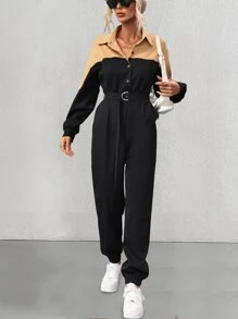 SHEIN Essnce Two Tone Drop Shoulder Belted Shirt Jumpsuit - Black - View 4