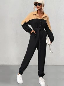 SHEIN Essnce Two Tone Drop Shoulder Belted Shirt Jumpsuit - Black - View 1
