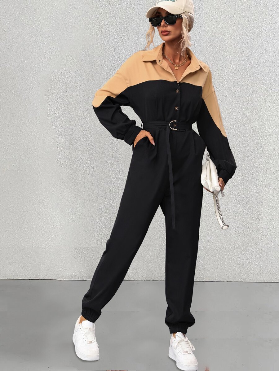 SHEIN Essnce Two Tone Drop Shoulder Belted Shirt Jumpsuit - Black - View 1