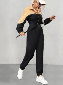 SHEIN Essnce Two Tone Drop Shoulder Belted Shirt Jumpsuit - Black - View 5
