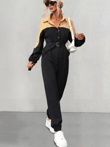 SHEIN Essnce Two Tone Drop Shoulder Belted Shirt Jumpsuit - Black - View 6
