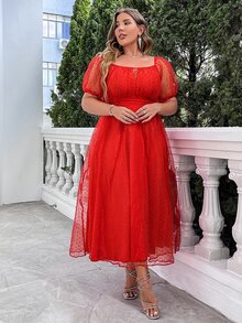 Simplee Vestido de manga farol pecho con fruncido de malla jacquard - Rojo - Ver 6