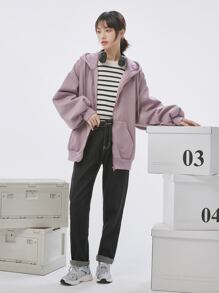 DAZY 拉鍊式下垂肩帶束帶保暖連帽衫 - 淡紫色 - 查看 5