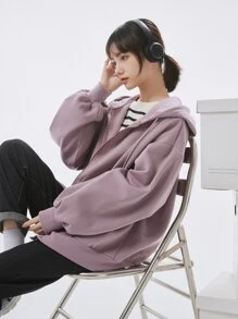 DAZY 拉鍊式下垂肩帶束帶保暖連帽衫 - 淡紫色 - 查看 7