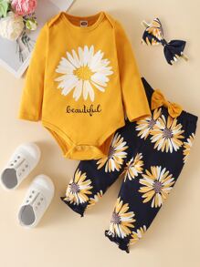 2pcs Baby Girl Long Sleeve Outfit Set Sunflower Pattern With Headband - Multicolor - View 1