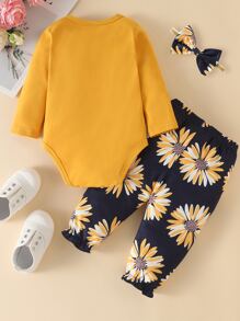 2pcs Baby Girl Long Sleeve Outfit Set Sunflower Pattern With Headband - Multicolor - View 2