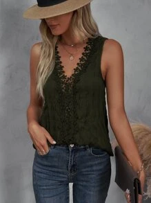 SHEIN LUNE Blusa con encaje - Verde militar - Ver 4
