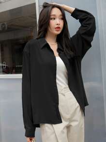 DAZY Áo sơ mi cài nút phía trước vai, áo dài tay, quần áo nữ mùa thu - màu đen - Xem 3