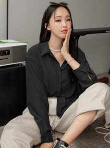 DAZY Áo sơ mi cài nút phía trước vai, áo dài tay, quần áo nữ mùa thu - màu đen - Xem 4