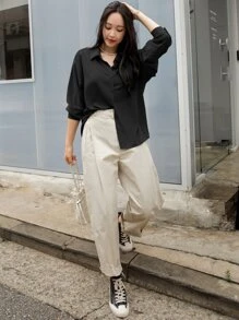 DAZY Áo sơ mi cài nút phía trước vai, áo dài tay, quần áo nữ mùa thu - màu đen - Xem 5
