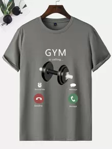 Manfinity Homme 男士杠鈴和標語圖案T恤 - 深灰色 - 查看 3