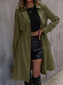 SHEIN Frenchy Elastic Waist Trench Coat - Army Green - View 1