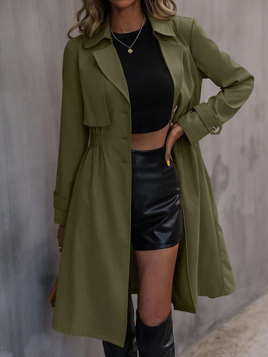 SHEIN Frenchy Elastic Waist Trench Coat - Army Green - View 1