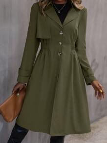 SHEIN Frenchy Elastic Waist Trench Coat - Army Green - View 3