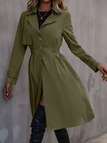 SHEIN Frenchy Elastic Waist Trench Coat - Army Green - View 4