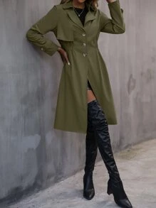 SHEIN Frenchy Elastic Waist Trench Coat - Army Green - View 5