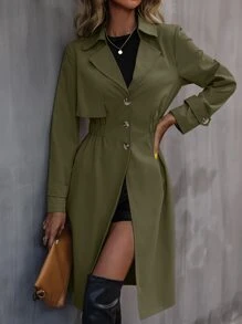 SHEIN Frenchy Elastic Waist Trench Coat - Army Green - View 6