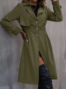 SHEIN Frenchy Elastic Waist Trench Coat - Army Green - View 7