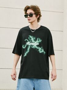 Camiseta de hombros caídos con estampado de letra y relámpago - Negro - Ver 1