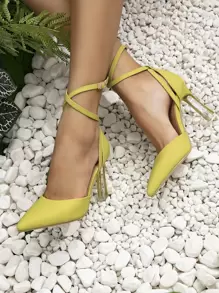 Tie Leg Design Heeled Ankle Strap Pumps - Mustard Yellow - View 1