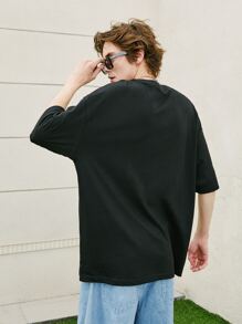 Camiseta de hombros caídos con estampado de letra y relámpago - Negro - Ver 2