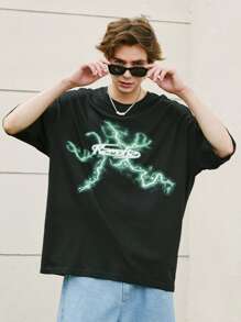 Camiseta de hombros caídos con estampado de letra y relámpago - Negro - Ver 3