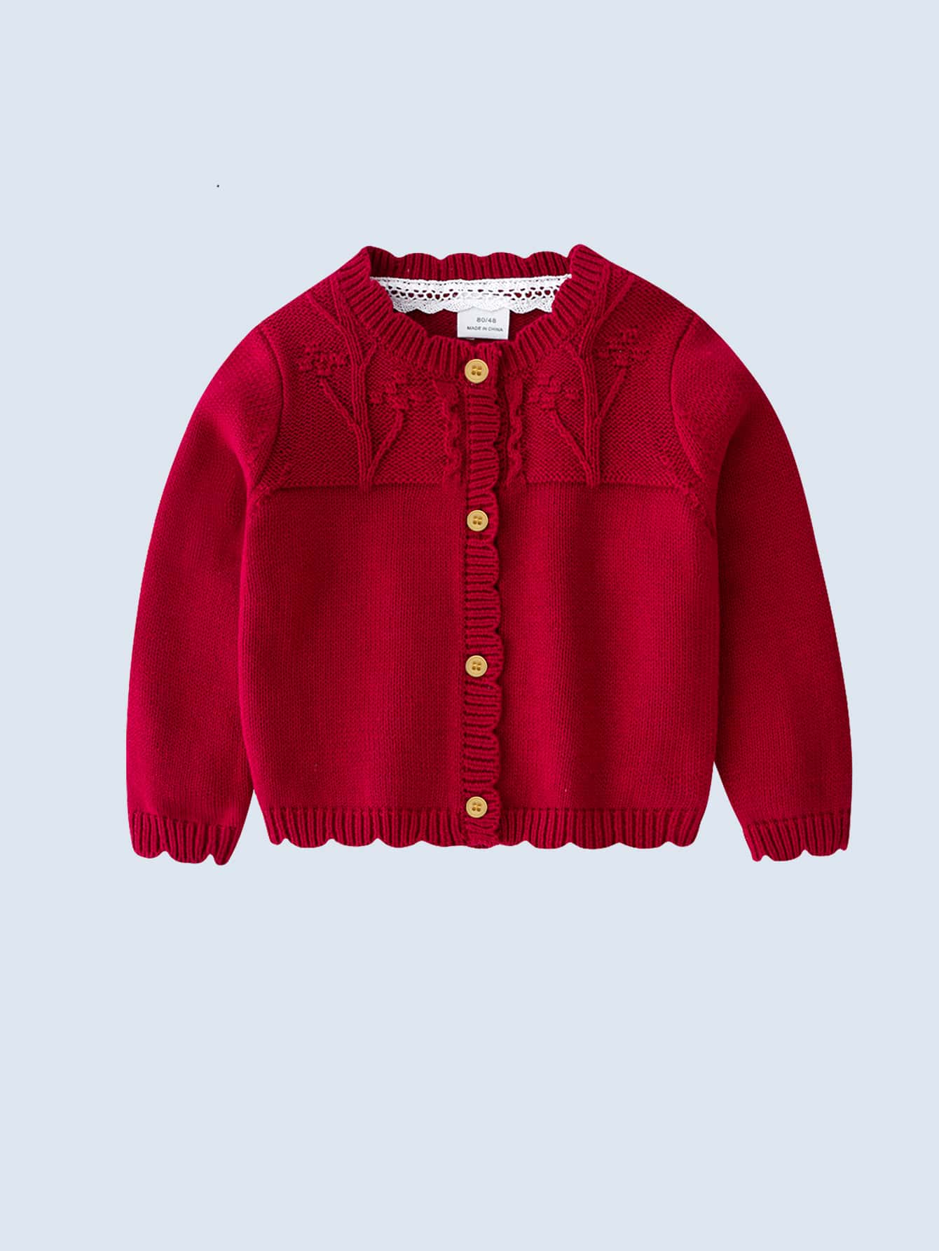 Baby Scallop Trim Button Front Cardigan - Red - View 1