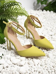 Tie Leg Design Heeled Ankle Strap Pumps - Mustard Yellow - View 4