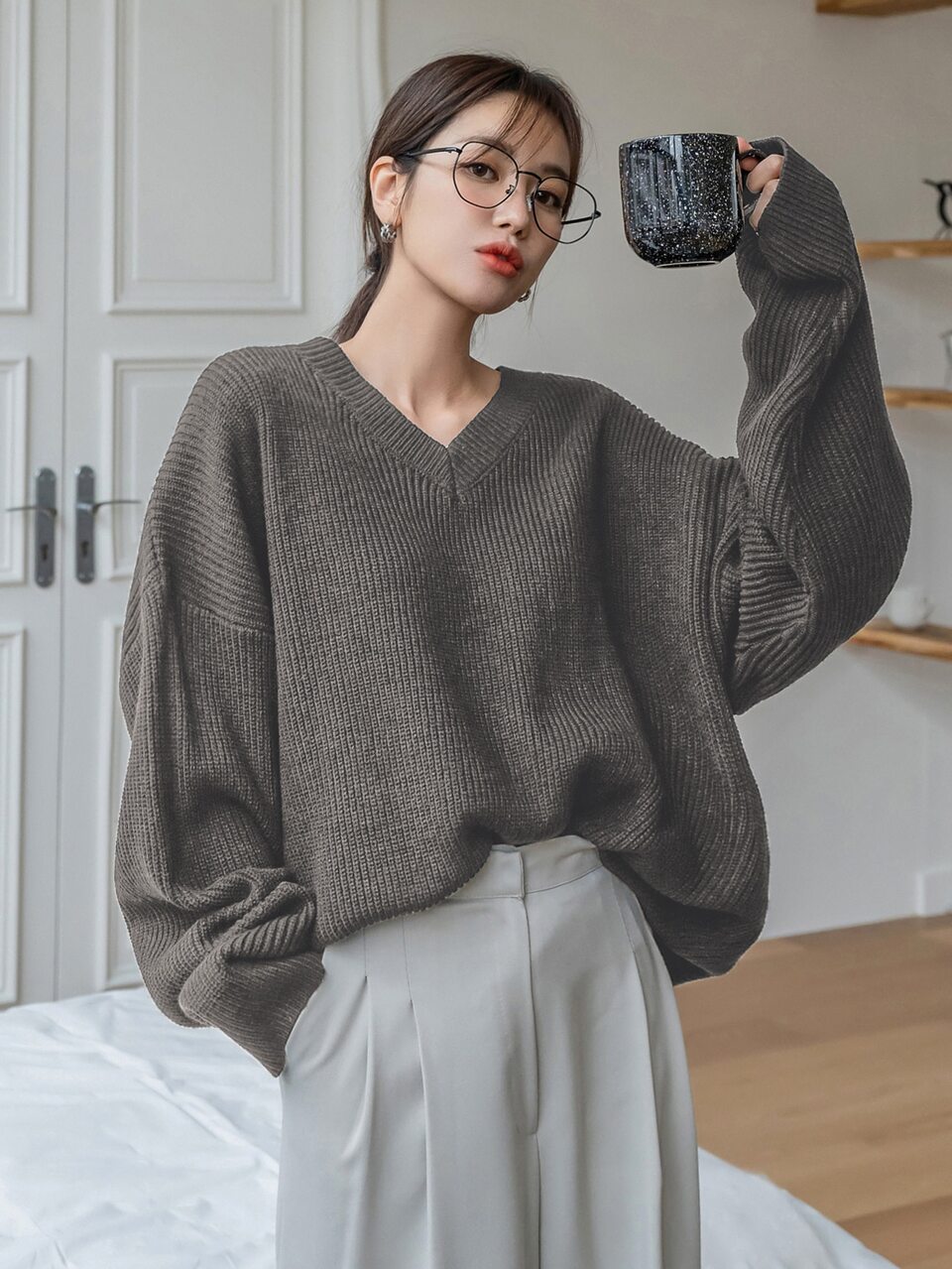 V Neck Drop Shoulder Sweater