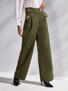 Zip Back Wide Leg Trousers - Olive Green - View 4