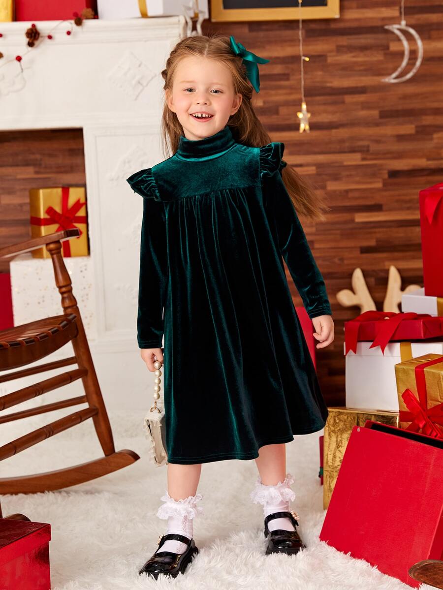 SHEIN 小女童荷葉邊絲絨洋裝 - 墨綠色 - 查看 1