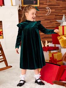 SHEIN 小女童荷葉邊絲絨洋裝 - 墨綠色 - 查看 3