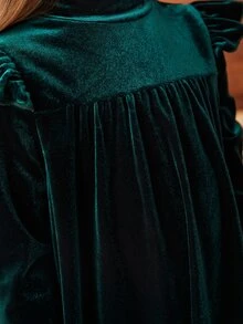 SHEIN 小女童荷葉邊絲絨洋裝 - 墨綠色 - 查看 4