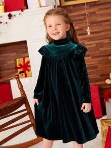 SHEIN 小女童荷葉邊絲絨洋裝 - 墨綠色 - 查看 5
