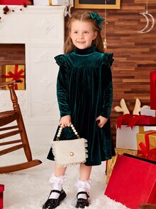 SHEIN 小女童荷葉邊絲絨洋裝 - 墨綠色 - 查看 6