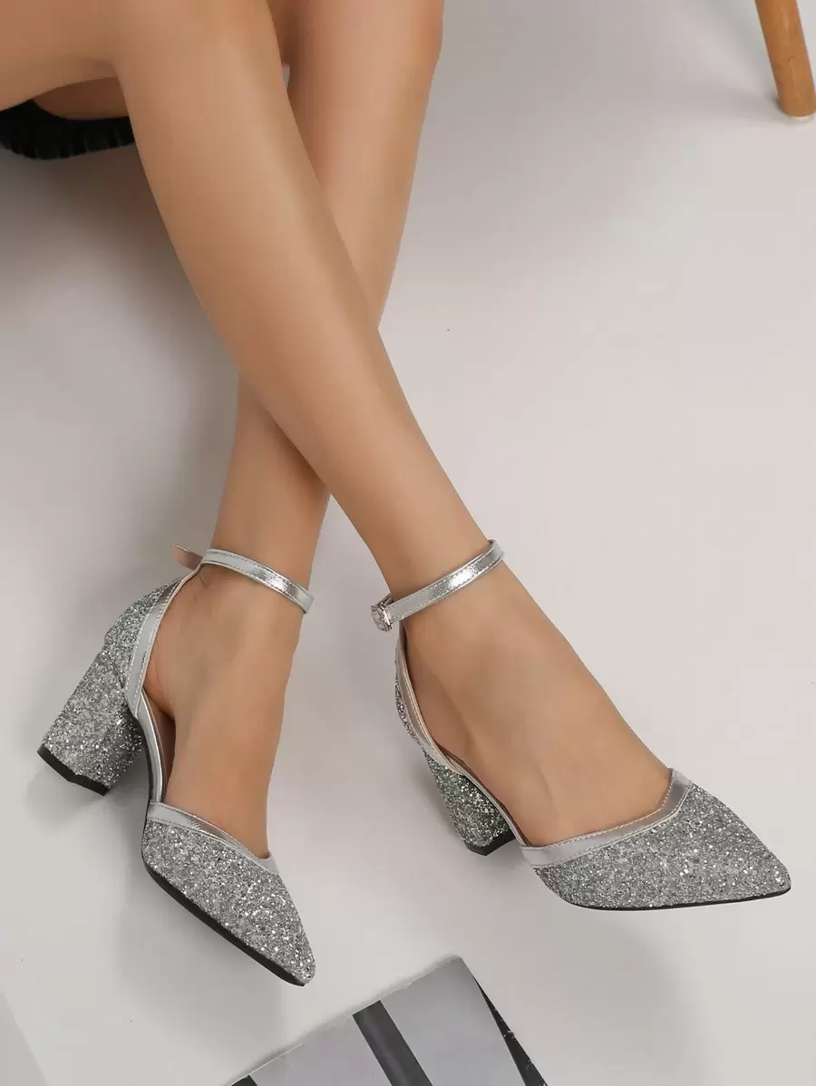 秋冬季亮片金属细节踝带高跟鞋，优雅，派对鞋