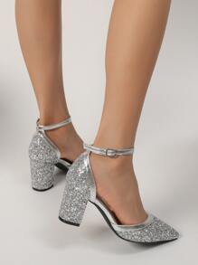 秋冬季亮片金属细节踝带高跟鞋，优雅，派对鞋