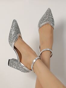 秋冬季亮片金属细节踝带高跟鞋，优雅，派对鞋