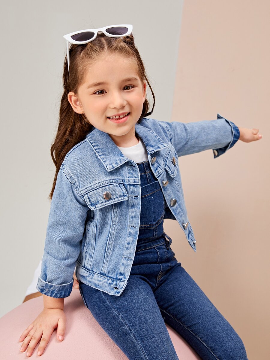 Toddler Girls Flap Pocket Denim Jacket - Medium Wash - View 1