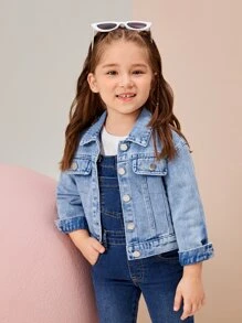 Toddler Girls Flap Pocket Denim Jacket - Medium Wash - View 3