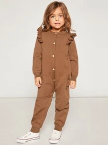 SHEIN Young Girl Ruffle Trim Knit Jumpsuit - Coffee Brown - View 1