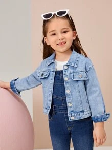 Toddler Girls Flap Pocket Denim Jacket - Medium Wash - View 5