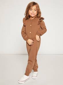 SHEIN Young Girl Ruffle Trim Knit Jumpsuit - Coffee Brown - View 3