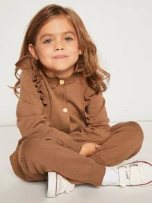 SHEIN Young Girl Ruffle Trim Knit Jumpsuit - Coffee Brown - View 4