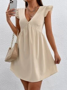 SHEIN PETITE Ruffle Sleeve Smock Dress - Khaki - View 3