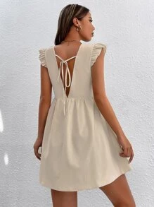 SHEIN PETITE Ruffle Sleeve Smock Dress - Khaki - View 2