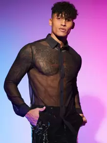 FeverCity Men See Through Mesh Shirt - Black - View 1