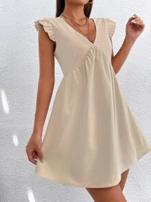 SHEIN PETITE Ruffle Sleeve Smock Dress - Khaki - View 6