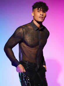 FeverCity Men See Through Mesh Shirt - Black - View 5